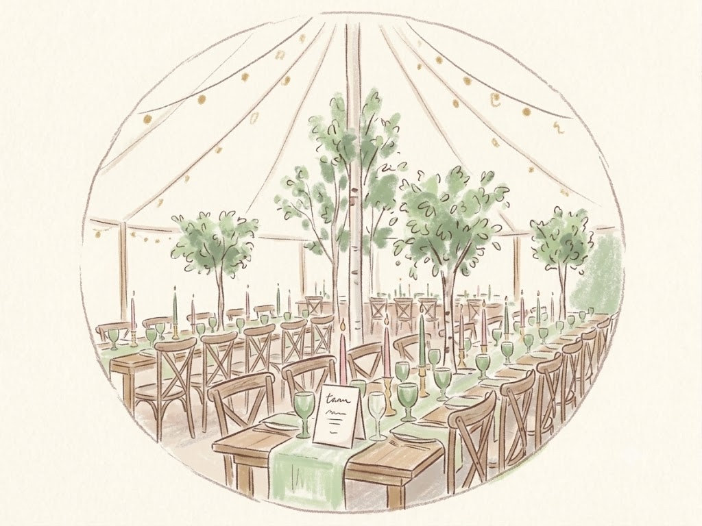 A drawing of the long tables inside the marquee, laid for dinner